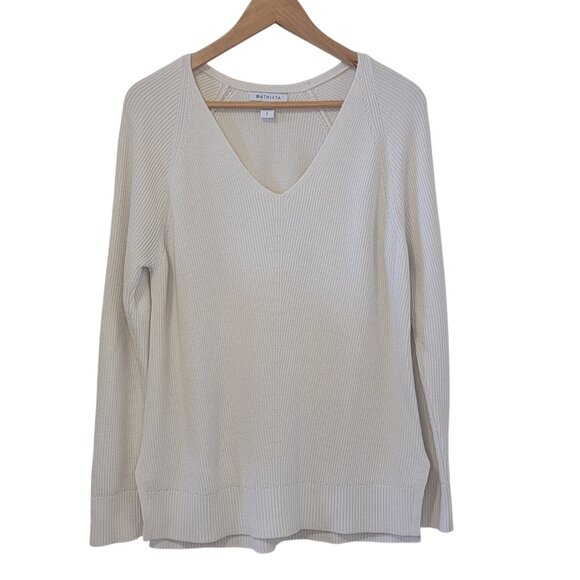 Athleta Sweater Hanover Refined V Neck Merino Wool Blend Small Bone Jumper SZ S - Picture 3 of 12